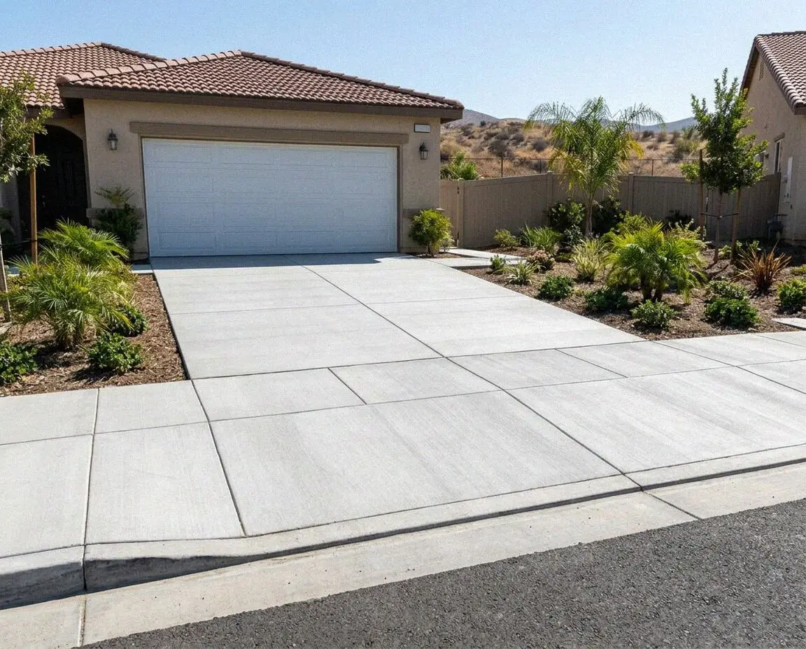 New concrete driveway with a pickup outside a home in Fontana, CA