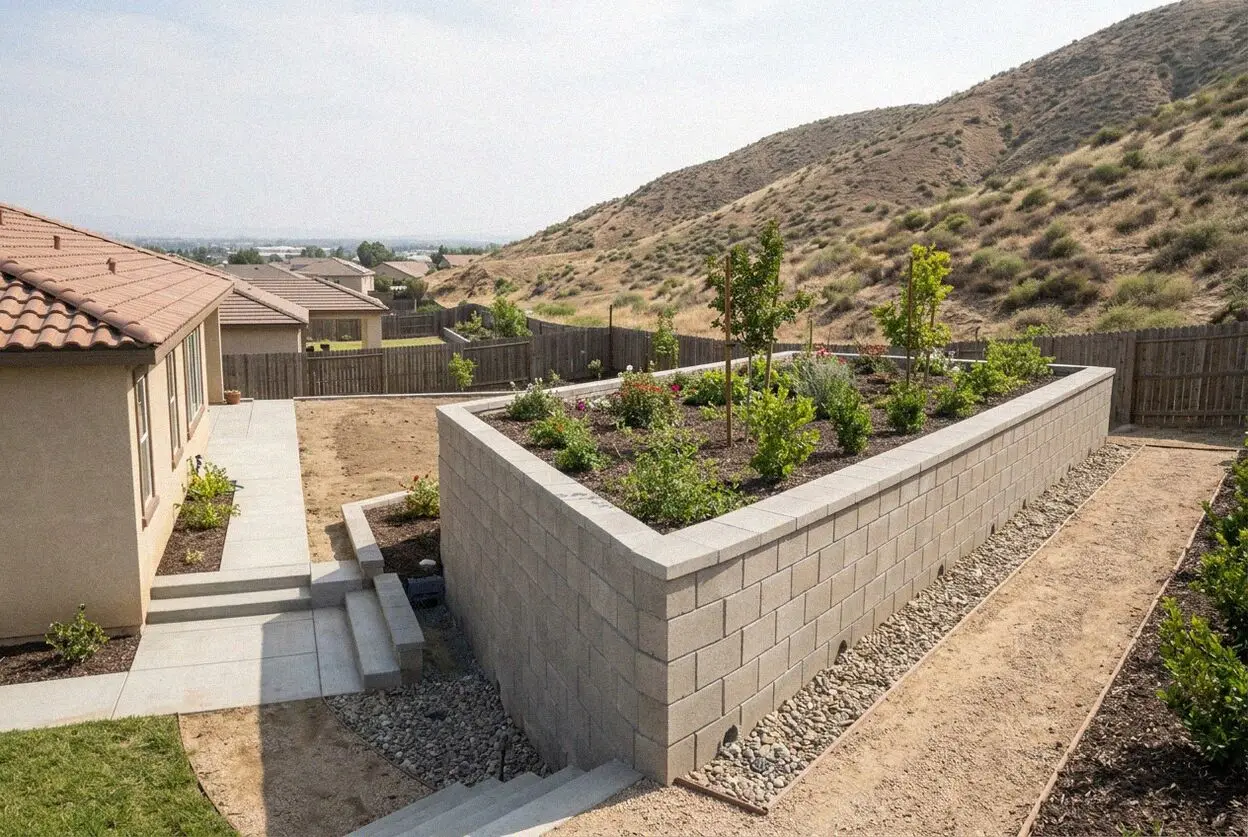 Poured concrete retaining wall on a hillside lot in Fontana