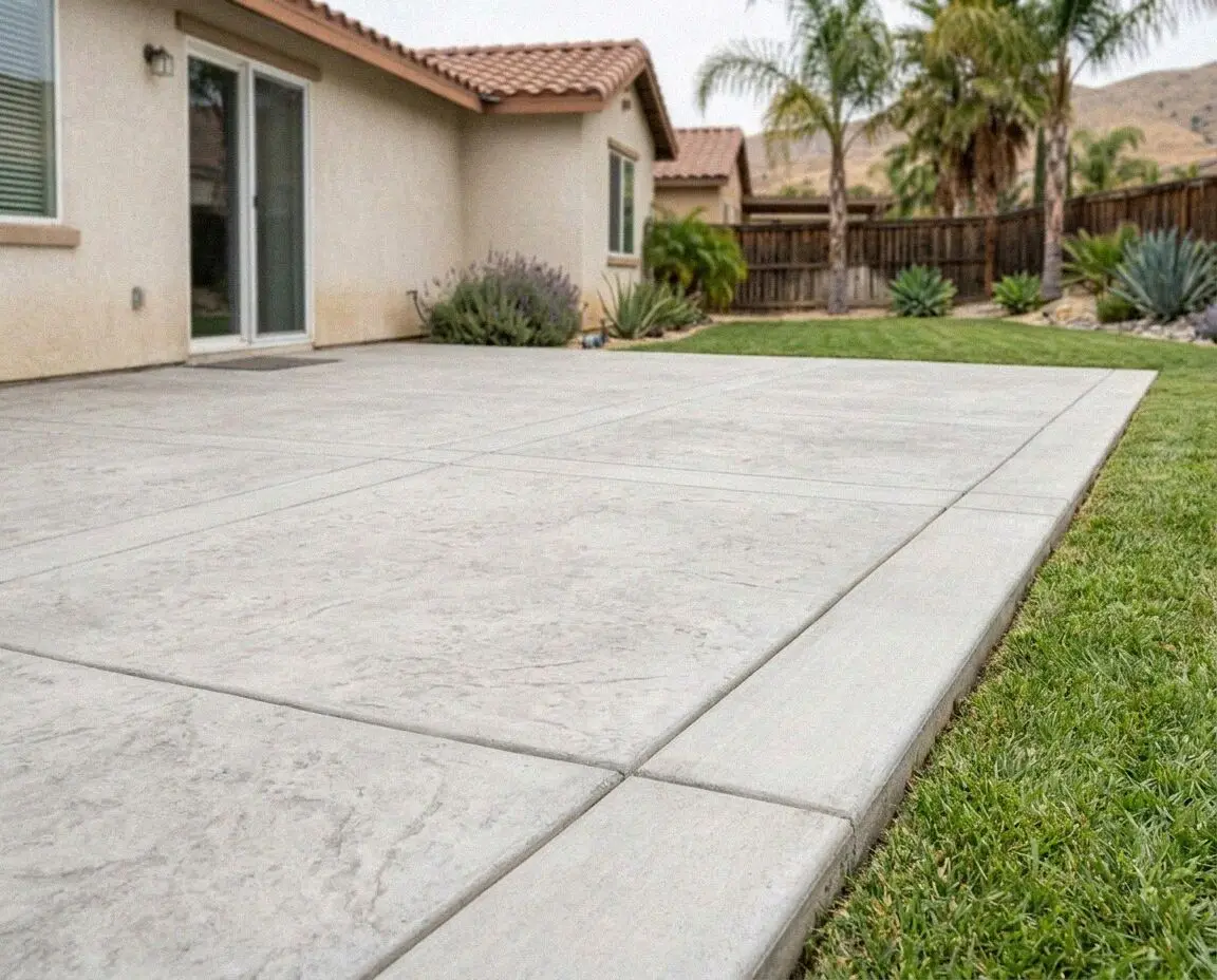 Broom-finished concrete patio under a pergola behind a Fontana home