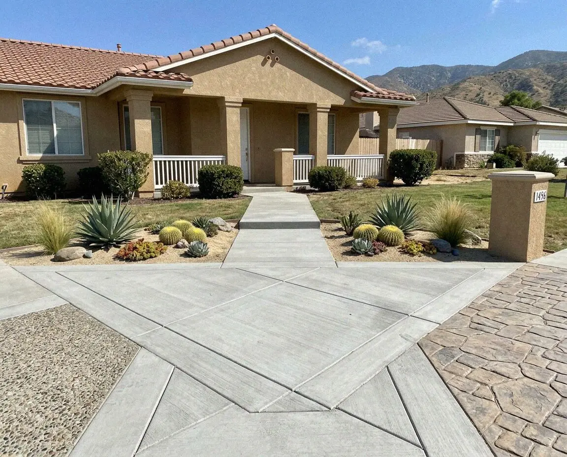 A newly poured sidewalk panel beside a street tree in Fontana, CA
