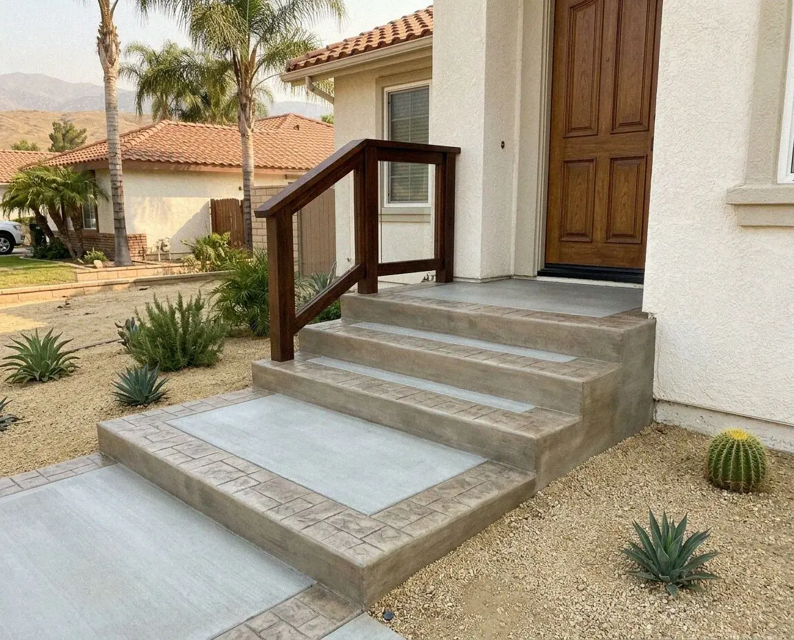A new concrete front stair with handrail at a Fontana, CA home